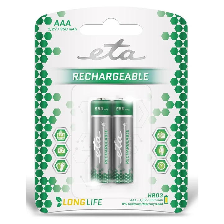 Levně Baterie nabíjecí ETA AAA, HR03, 950mAh, Ni-MH, blistr 2ks mikrotužka