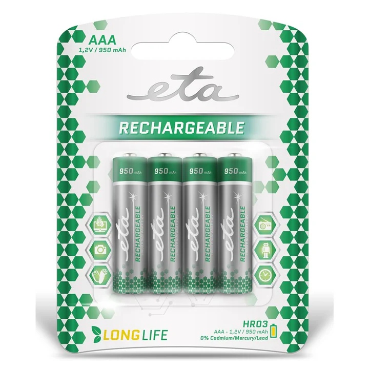Levně Baterie nabíjecí ETA AAA, HR03, 950mAh, Ni-MH, blistr 4 ks mikrotužka